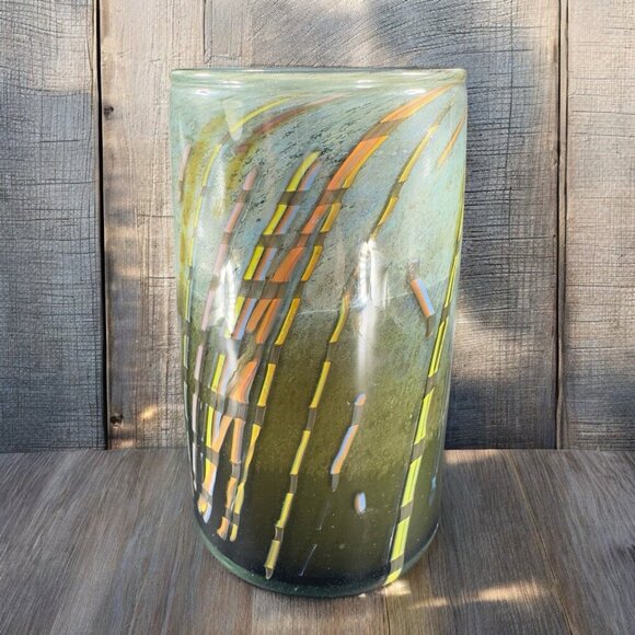 Vintage 1977 Hand Blown Art Glass Cylinder Vase Vessel Spoon Rest Artist Signed - Picture 1 of 15